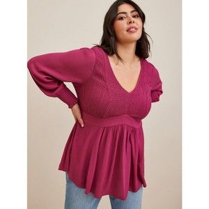 Babydoll Crinkle Gauze Smocked Top- Torrid 2- NWT- Burgandy